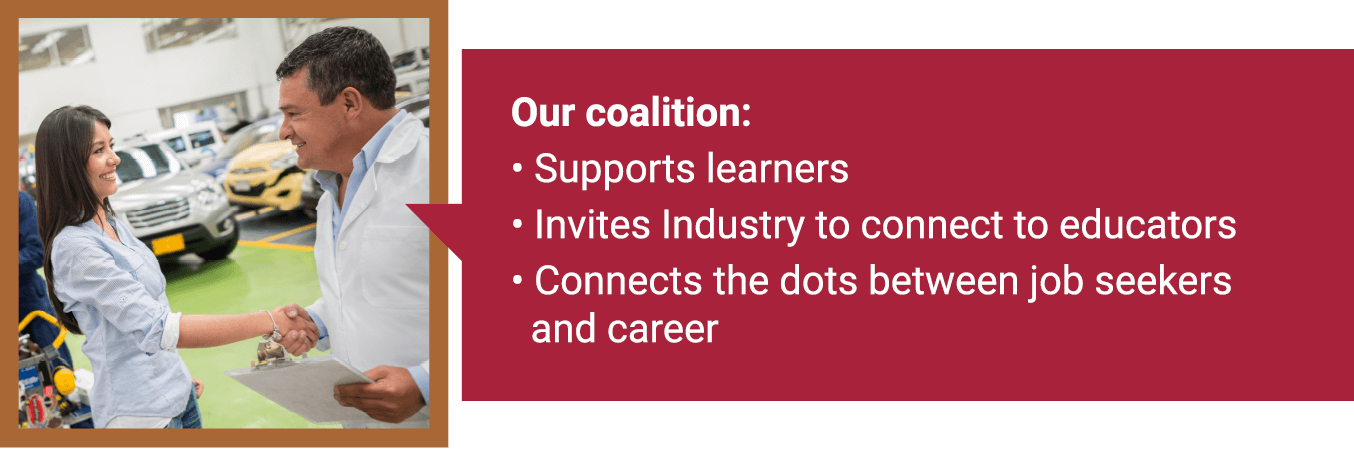 Our coalition: supports learners, invites industry to connect to educators, and connects the dots between job seekers and placement.